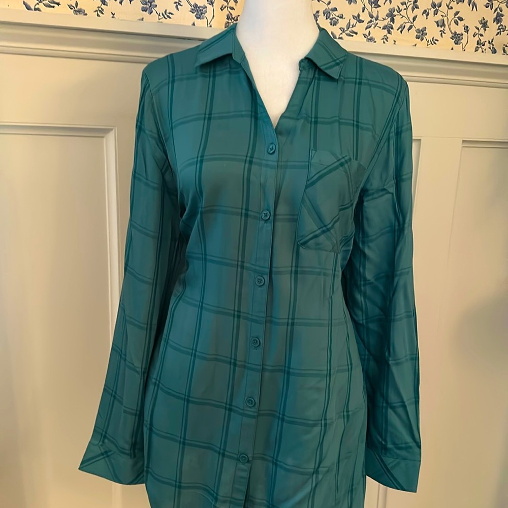 Chico’s teal blouse,Size 1 window pane plaid.
